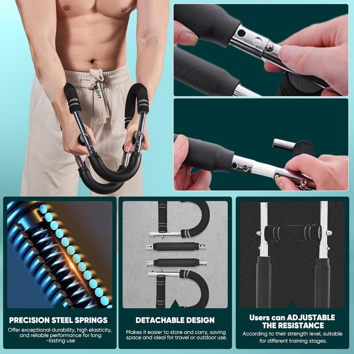 Arm Trainer - U-Shaped Twister - Adjustable Chest Enlarger with 3 Resistance Levels - Detachable Fitness Chest Enlarger - Portable Arm