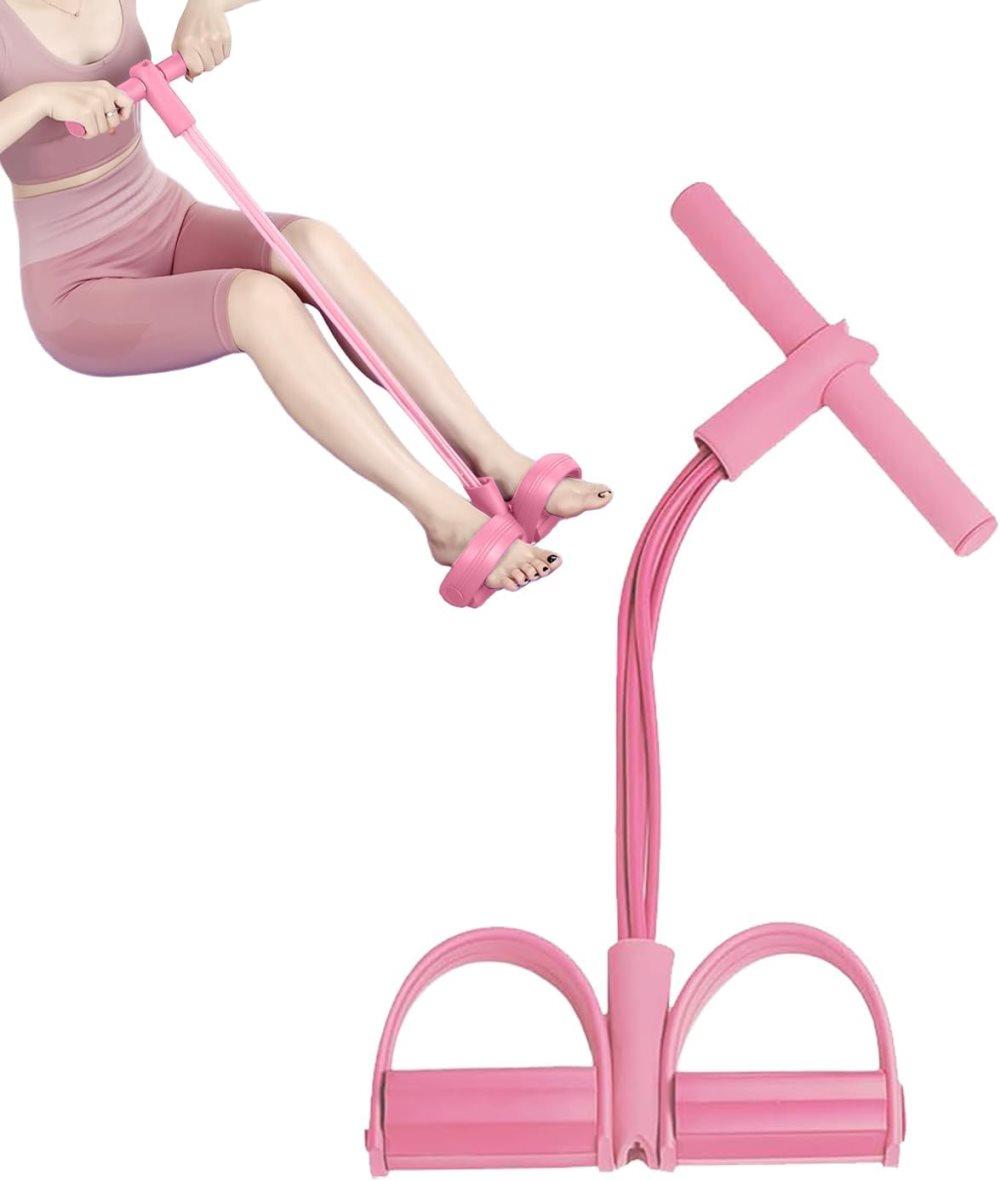 Pink abdominal trainer with multifunctional tension rope and fitness pedal