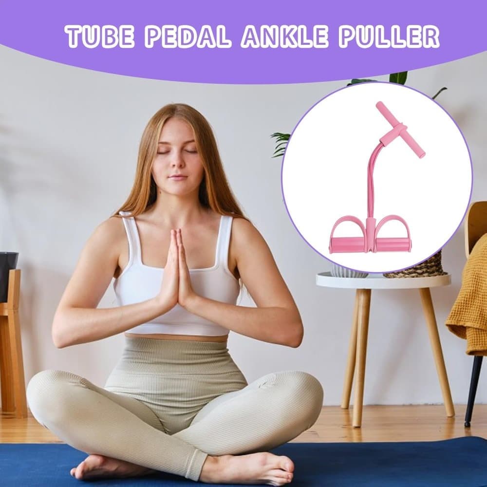 Pink abdominal trainer with multifunctional tension rope and fitness pedal