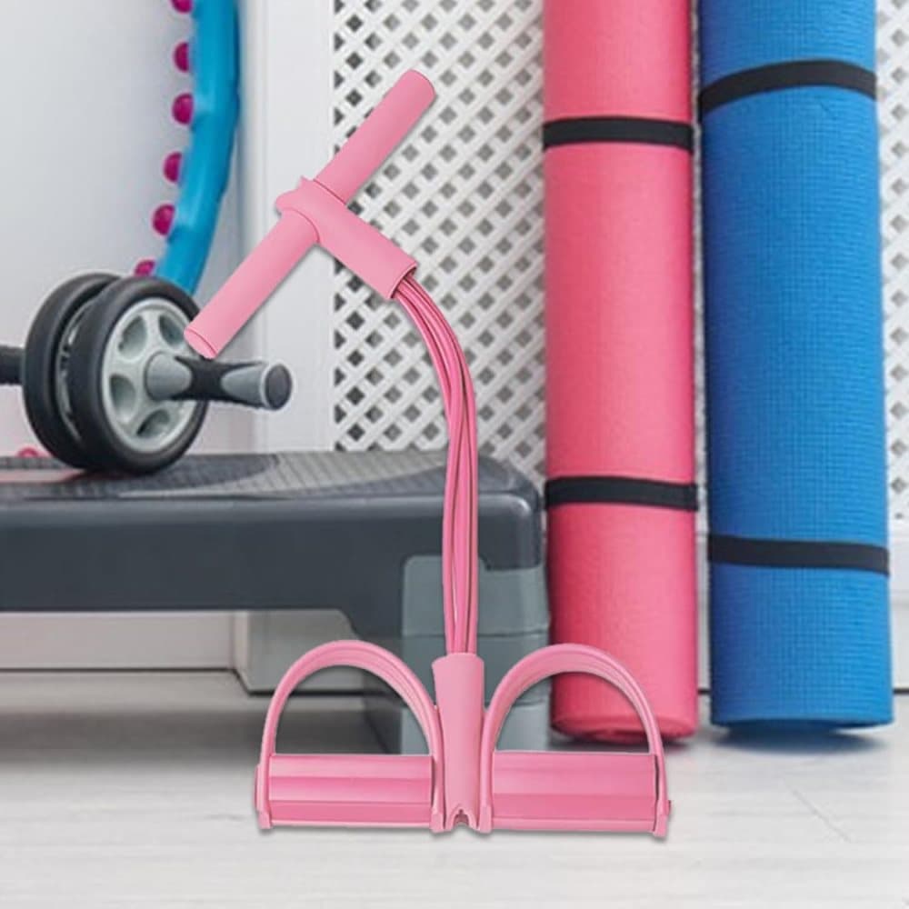 Pink abdominal trainer with multifunctional tension rope and fitness pedal