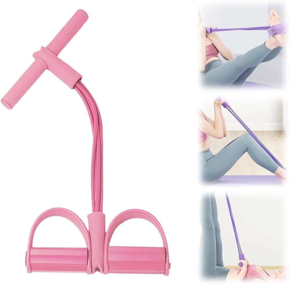 Pink abdominal trainer with multifunctional tension rope and fitness pedal
