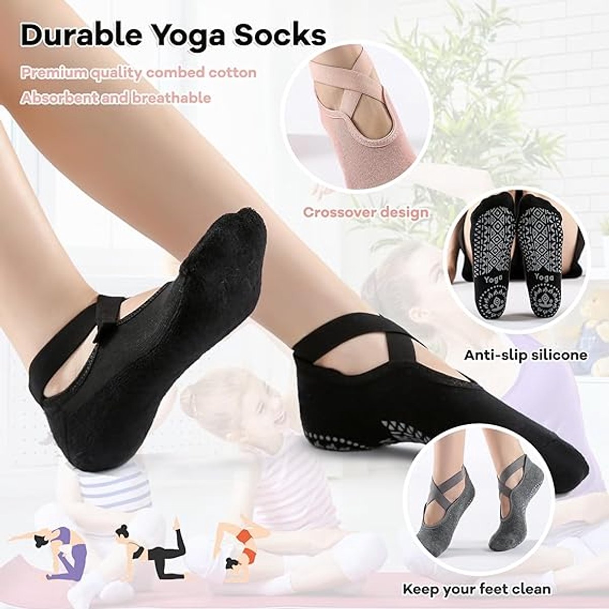 3 pairs of yoga socks - Pilates socks - non-slip socks - sports socks - ballet socks - for yoga pole Pilates dance - black