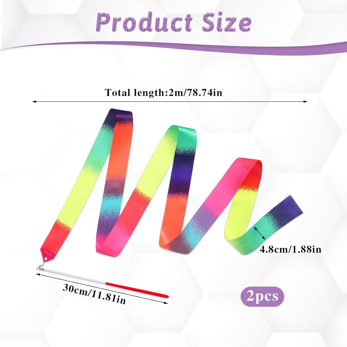 pieces - Ribbon dance sticks - 2 m - Dance rainbow streamers - 30cm long stick - ribbon dance staff - rhythmic gymnastics ribbon staff - ribbon sticks - rhythmic gymnastics ribbons - for artistic dance flags