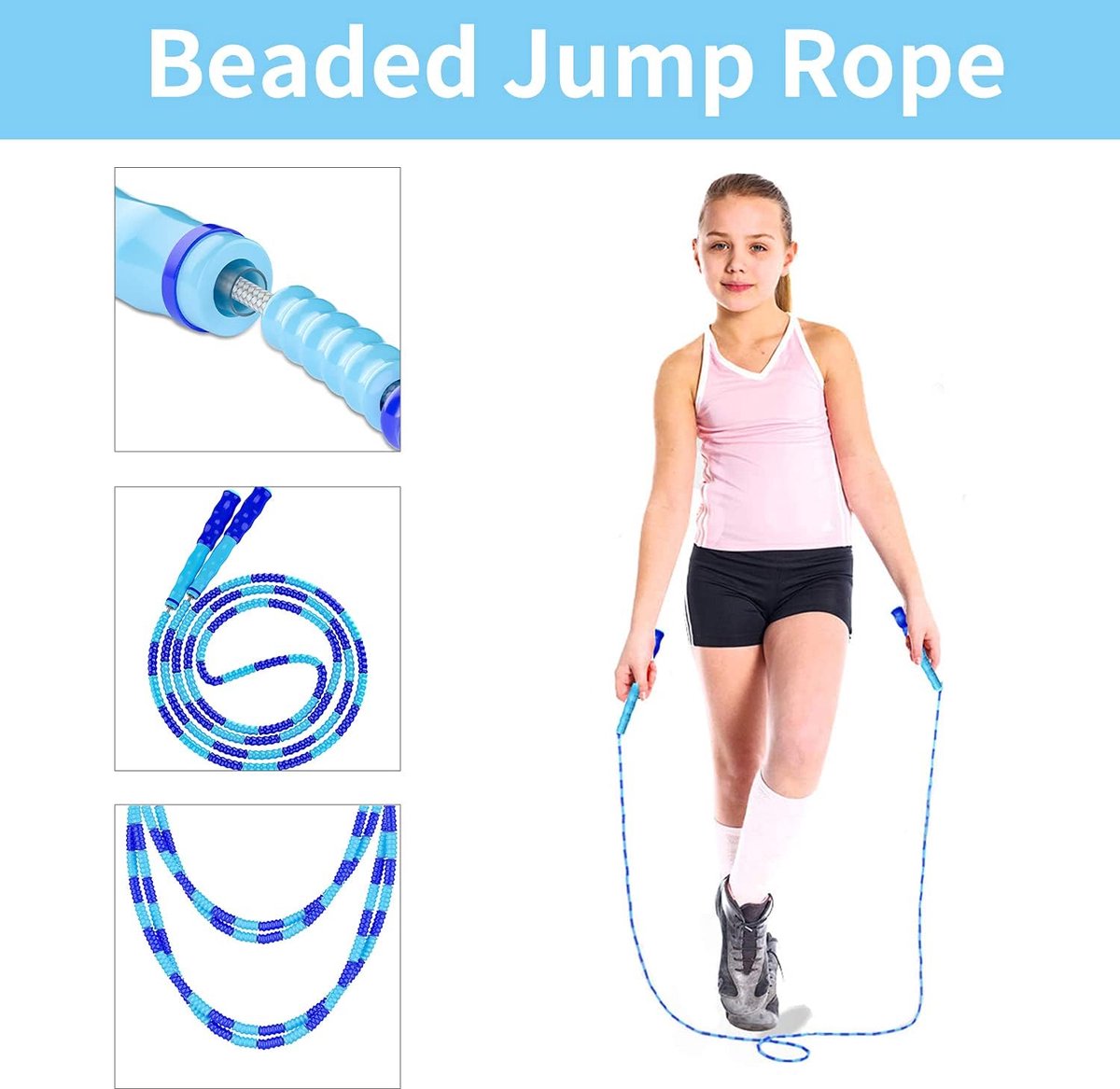 Beaded Jump Rope - 3 Pieces - Jump Rope - Length Adjustable Jump Rope - Tangle-Free Segmented Jump Rope With Soft Beads - Beaded rope - Jump Rope - Fitness Jump Rope For children