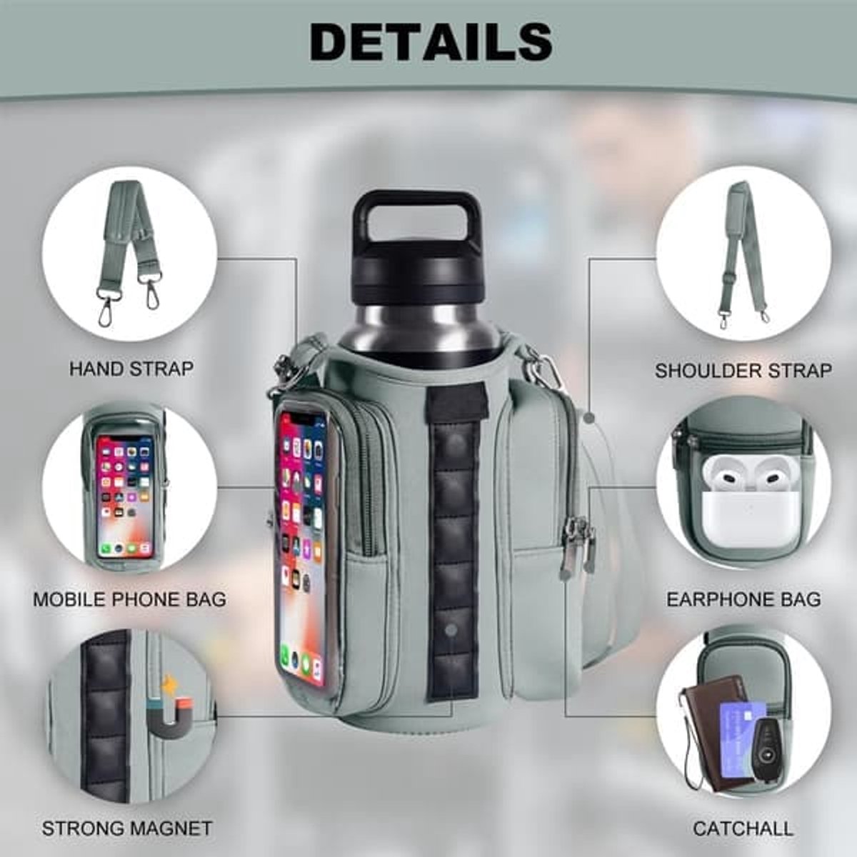 Magnetic Sports Bag with Adjustable Shoulder Strap - Includes Water Bottle Holder and Pocket - for Sports