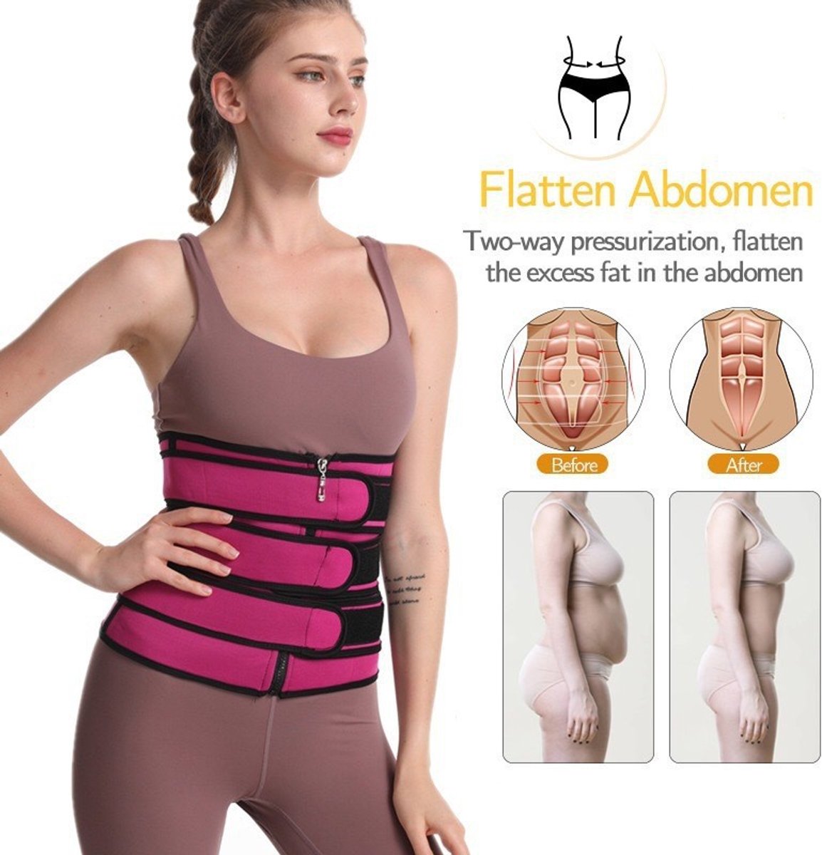 Women Sweat Reducer Training Belt - Sweatband - Waist Trainer - Slimming Belly Band - 3-Row Closure & Breathable Material - Extended Sizes (S to 6XL) - Black