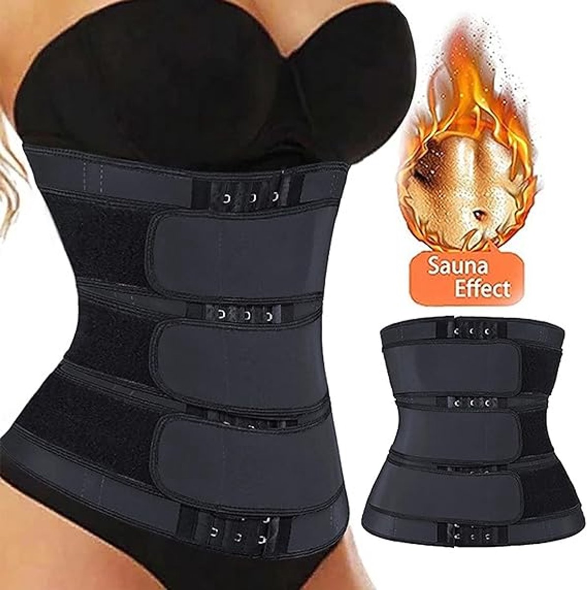 Women Sweat Reducer Training Belt - Sweatband - Waist Trainer - Slimming Belly Band - 3-Row Closure & Breathable Material - Extended Sizes (S to 6XL) - Black