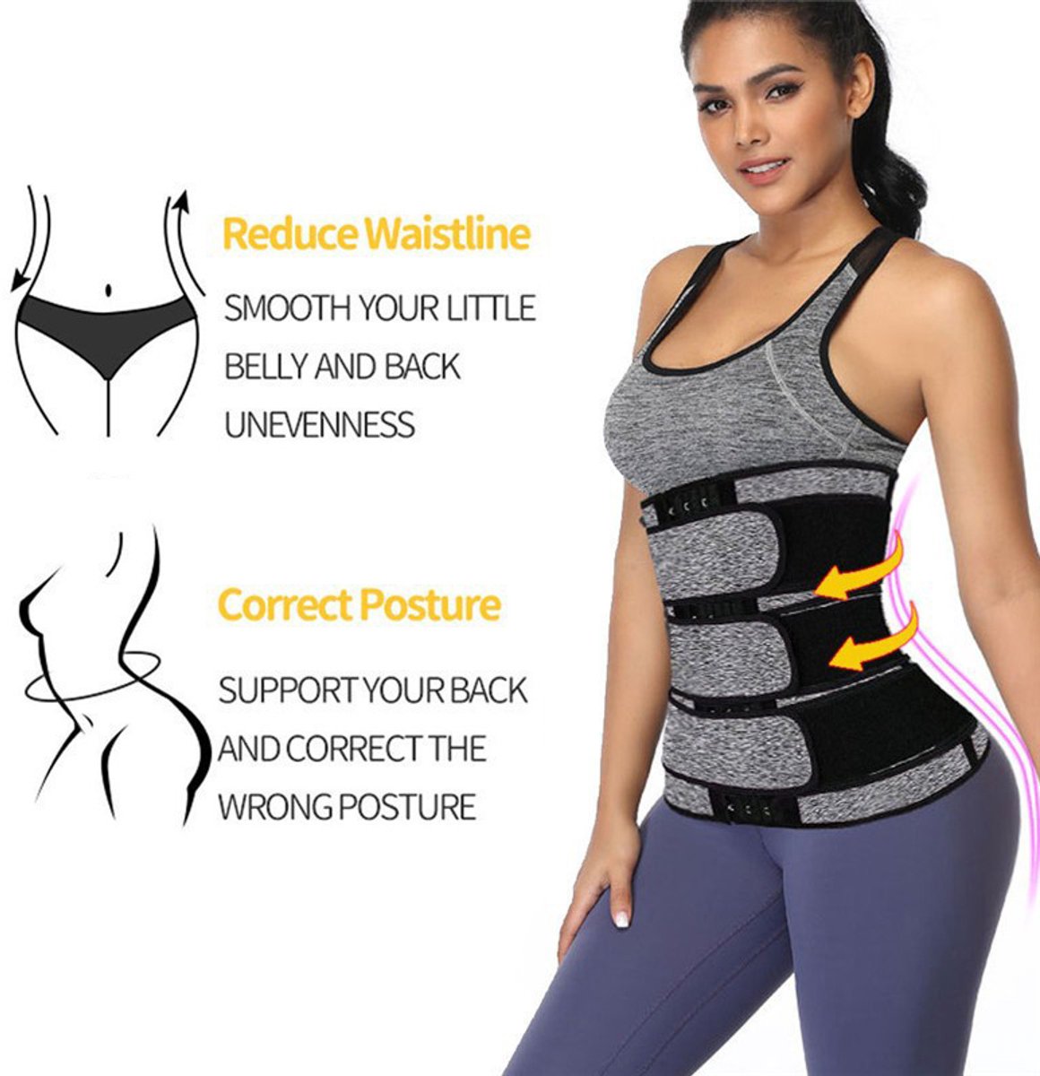 Women Sweat Reducer Training Belt - Sweatband - Waist Trainer - Slimming Belly Band - 3-Row Closure & Breathable Material - Extended Sizes (S to 6XL) - Black