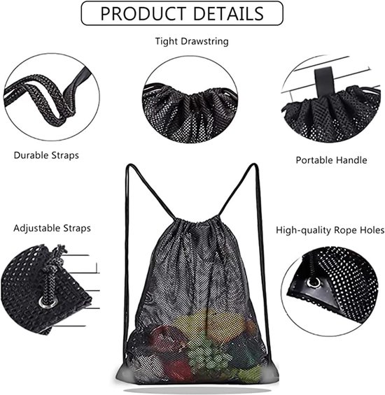 Black Sports Bag - 40*45cm - Mesh - Drawstring - Suitable for fitness
