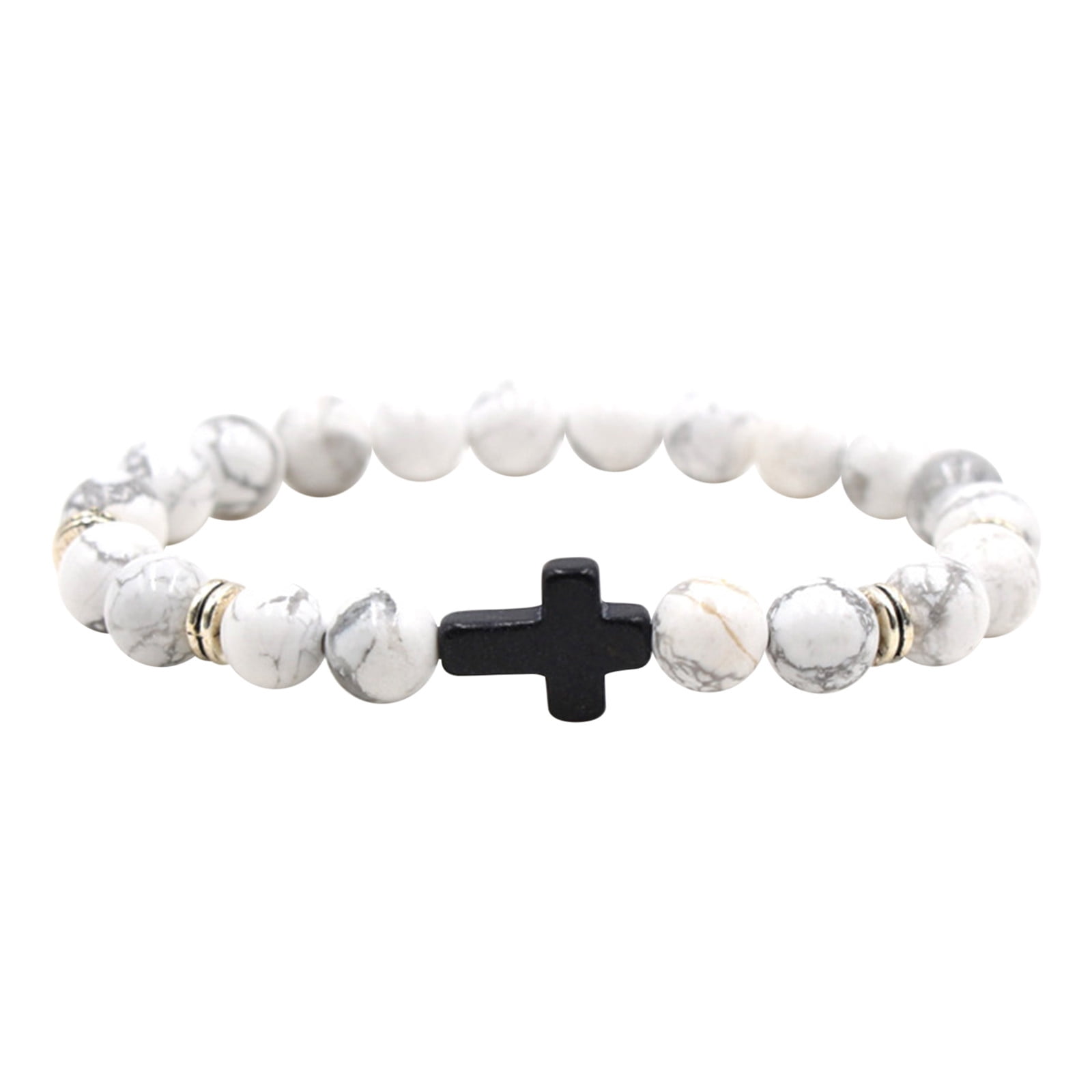 Natural Stone Black Cross Stretch Bracelet Elastic Thread Beaded Unisex Jewelry - One Size Fits Most Wrist