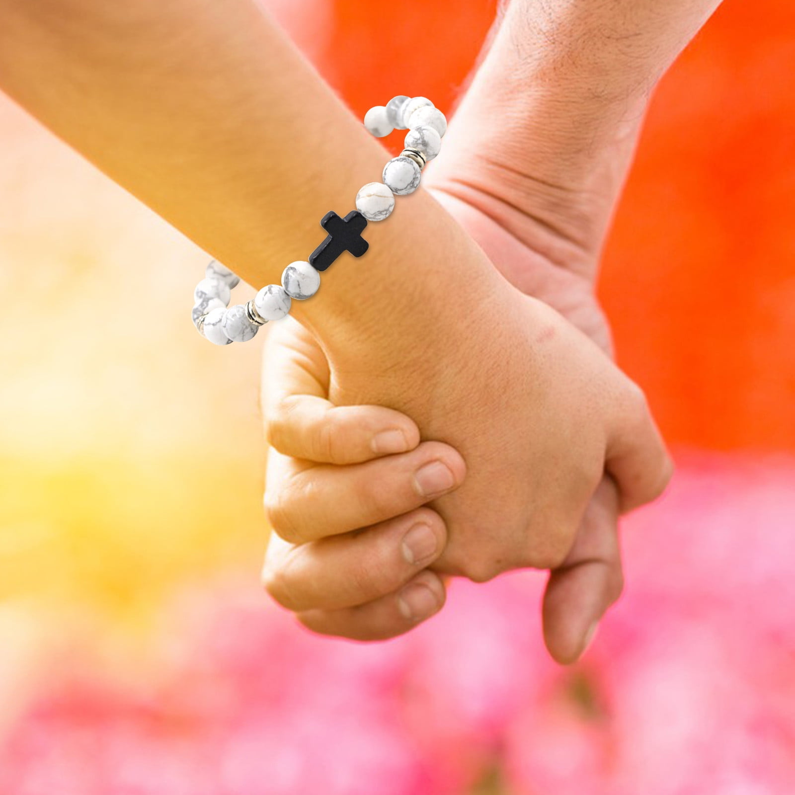 Natural Stone Black Cross Stretch Bracelet Elastic Thread Beaded Unisex Jewelry - One Size Fits Most Wrist