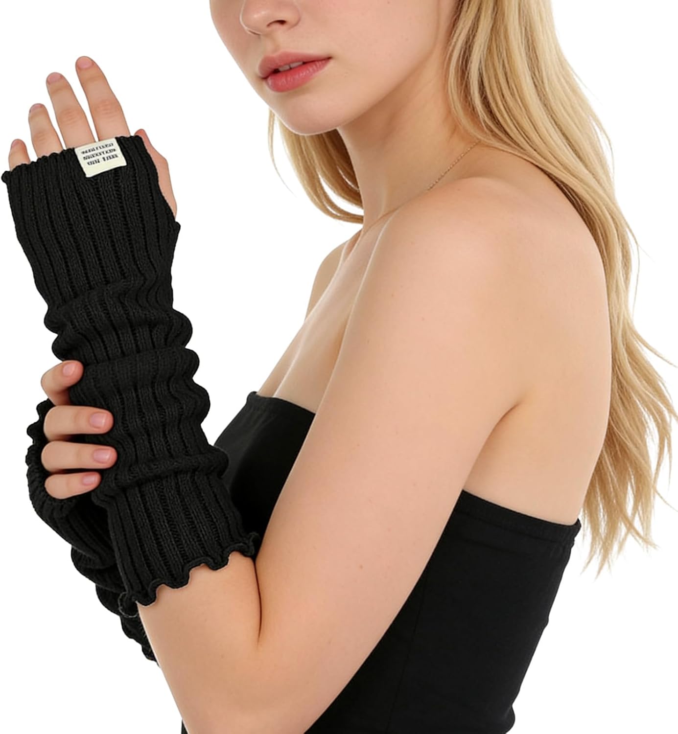 Black Arm Warmers Women Winter Long Black Cotton Fingerless Gloves Knit Mitten Elbow Length Gloves with Thumb Hole