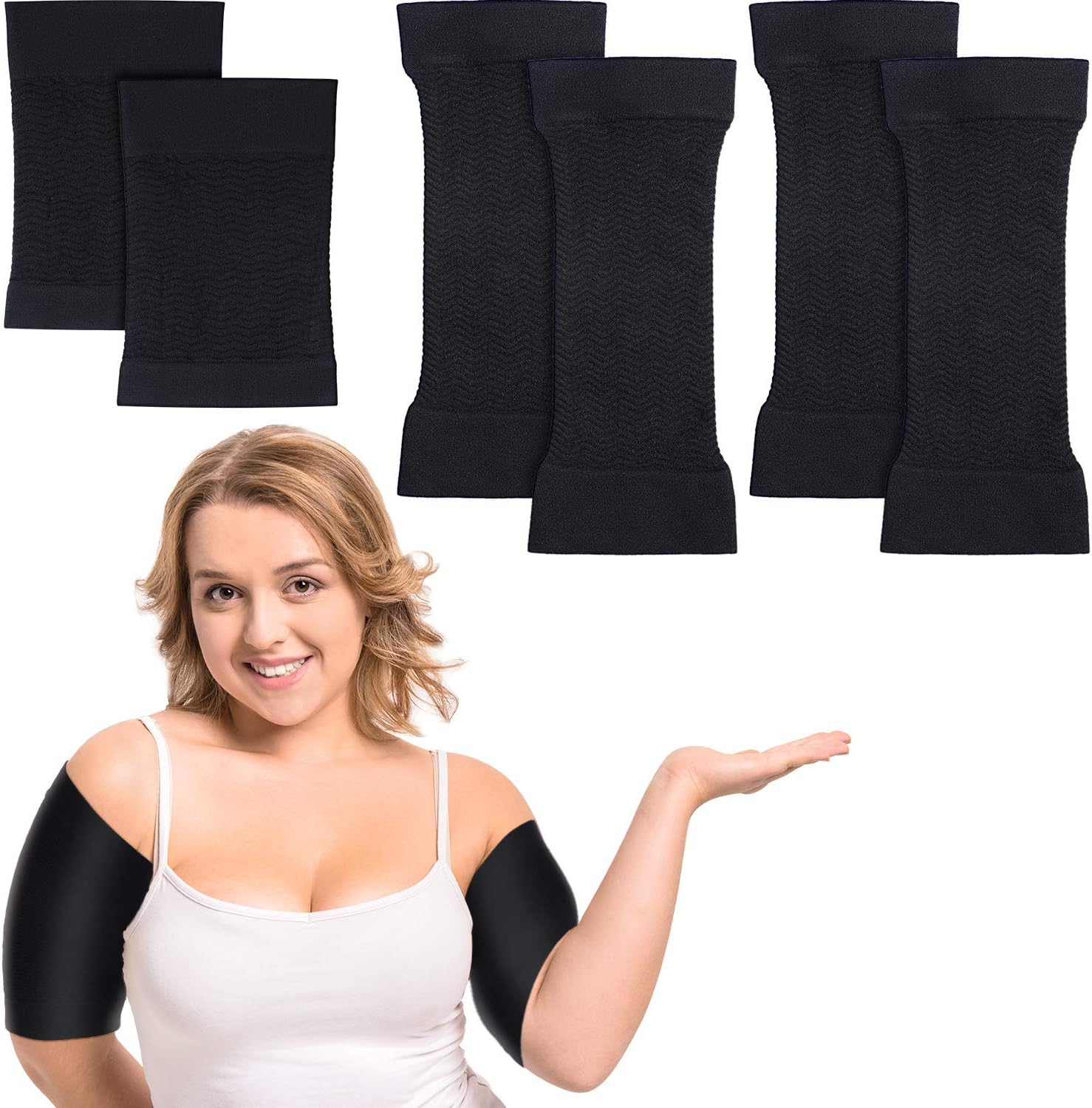 2 Pairs Women Arm Shapers Plus Size Slimming Compression Sleeve Slim Upper Flabby Arm Wrap and 1 Pair Calf Compression Sleeves