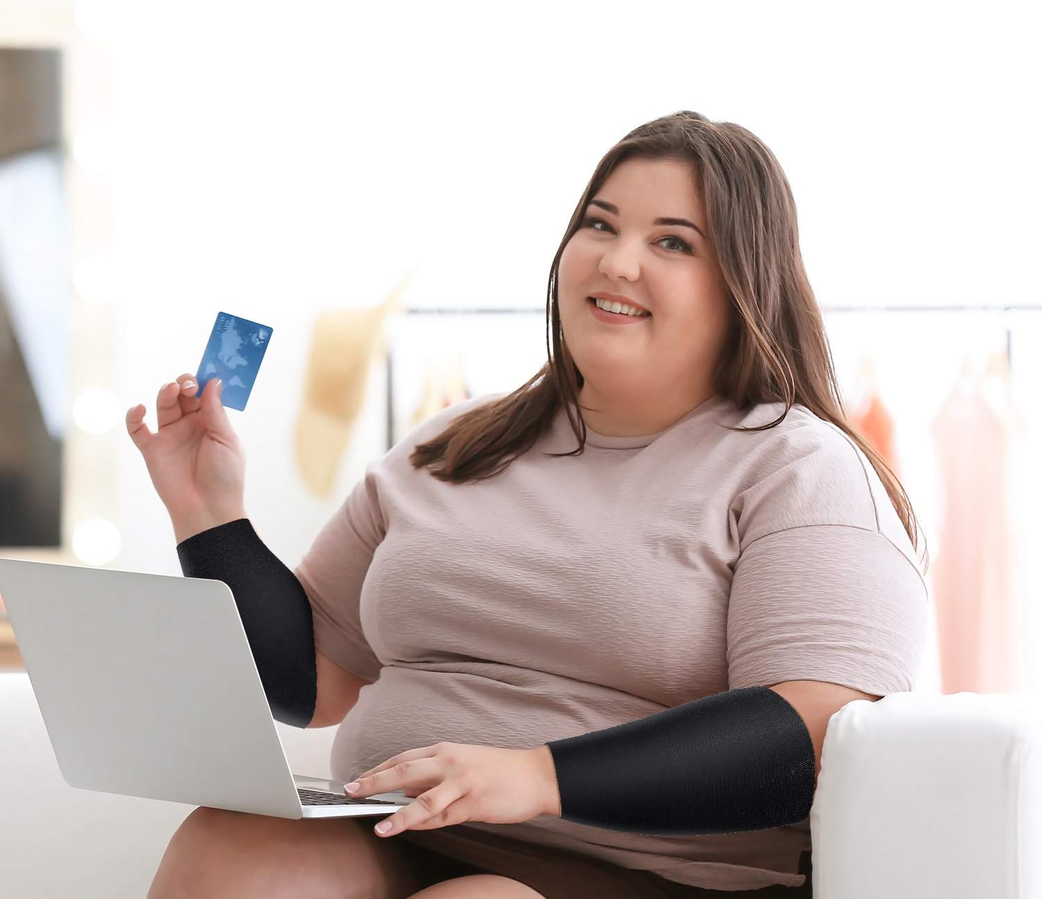 2 Pairs Women Arm Shapers Plus Size Slimming Compression Sleeve Slim Upper Flabby Arm Wrap and 1 Pair Calf Compression Sleeves