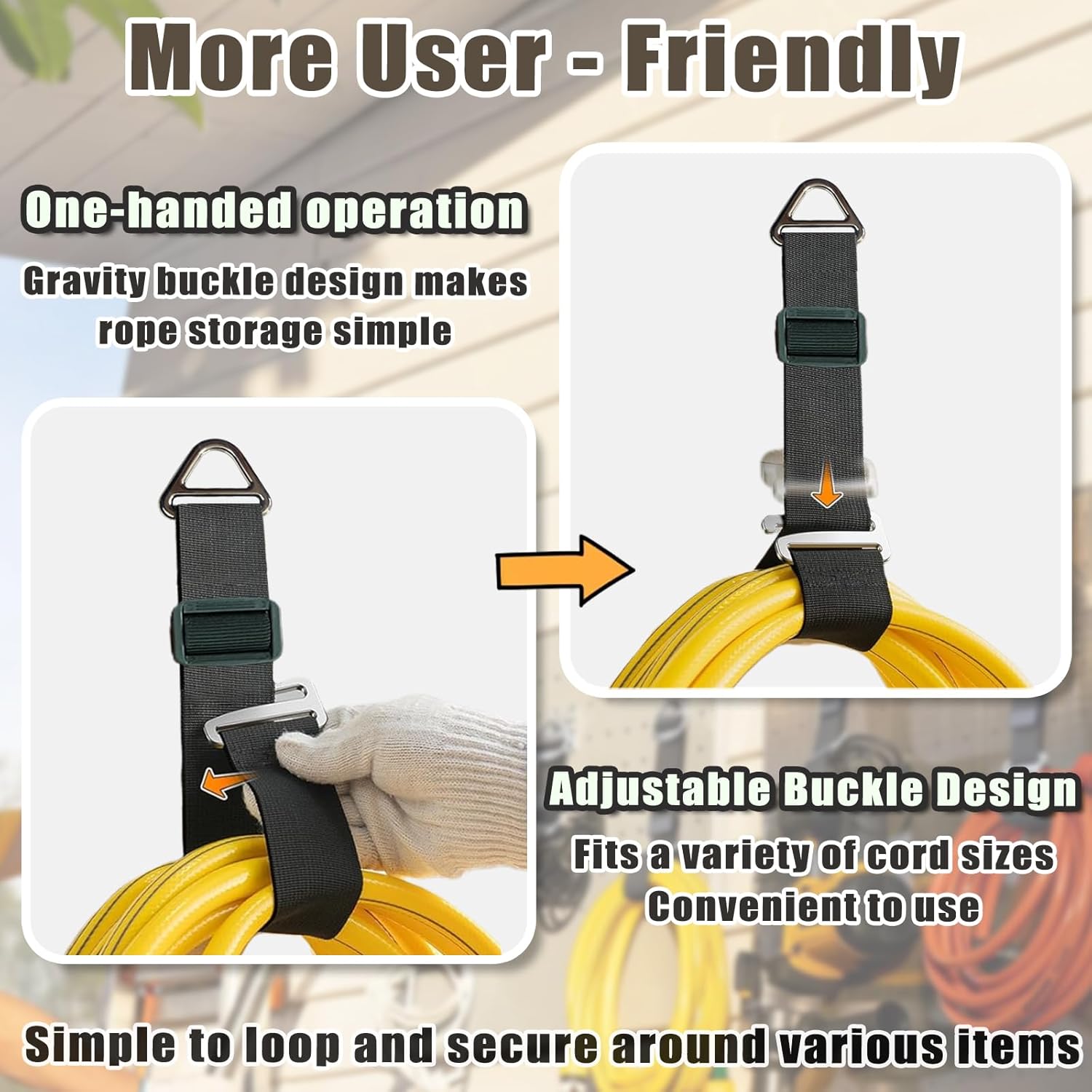 One Hand Operation-1s Tighten by Gravity-Adjustable Extension Cord Organizer Holder Heavy Duty Storage Straps with Triangle Buckle Extension Cord Wall Organizers for Garage and Shed Storage (4Pcs)