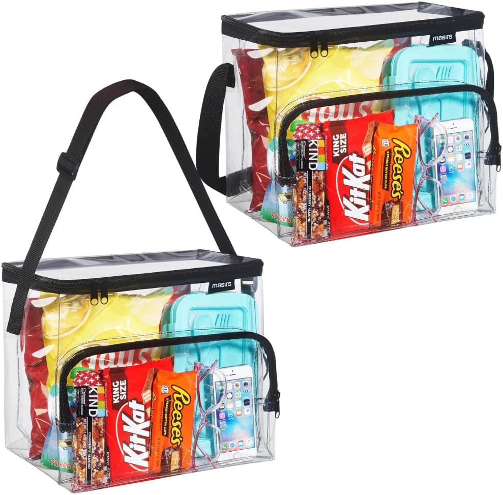 Clear Lunch Bag Set – Medium and Large Durable See-Through PVC Bags with Adjustable Shoulder Straps – Freezer Proof and Stadium Approved for Work