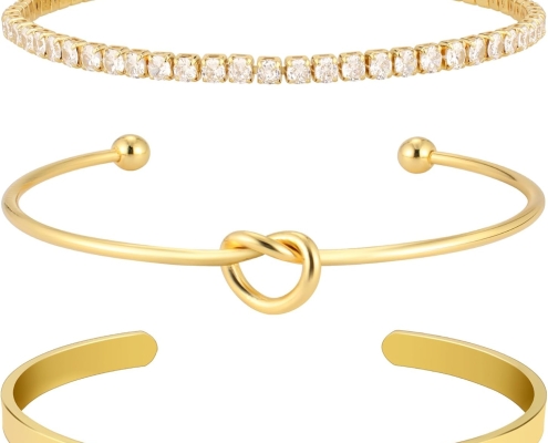 Gold Bangle Cuff Bracelets for Women 14k Gold Plated Cubic Zirconia Tennis Bracelet Non tarnish Love Knot Bracelets Stack Cuff Bangles Adjustable Jewelry Set for Women 3pcs