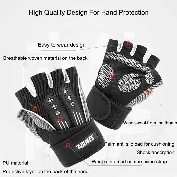 M White Fingerless Workout Gloves with Wrist Support – Non-Slip
