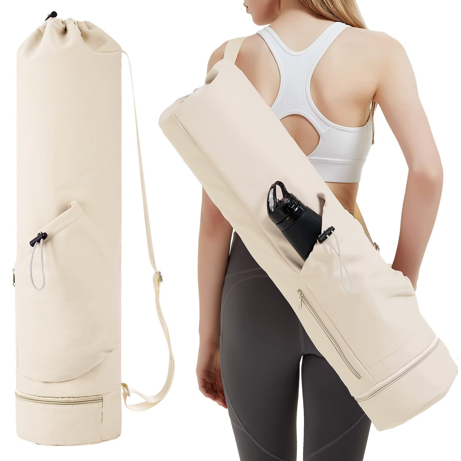 Beige Durable Yoga Mat Carry Bag - Multi-Functional Fitness Backpack with Wet Pocket(Mugs are filming props
