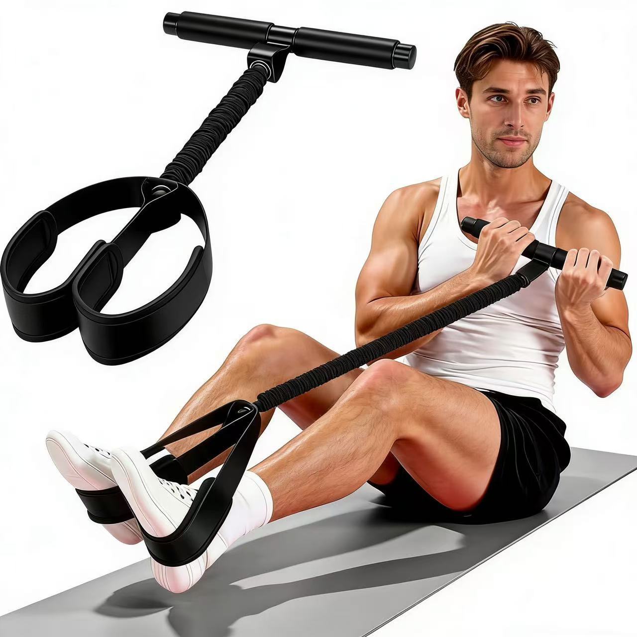Black Multifunctional Pedal Resistance Band - Home Fitness Sit-up Assistant with Foot Pedals and Elastic Pull Rope - Full Body Workout Equipment for Abs
