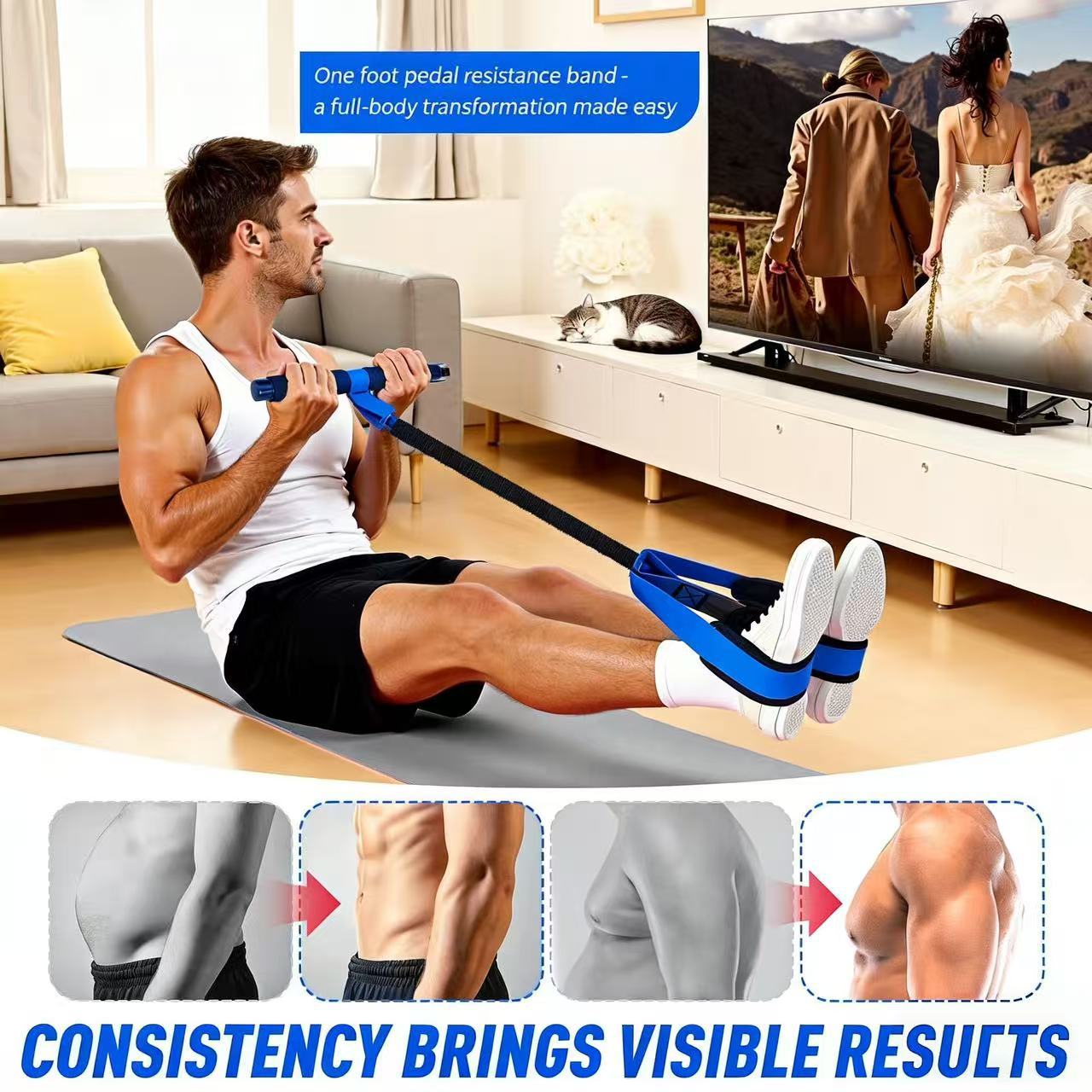 Yellow Multifunctional Pedal Resistance Band - Home Fitness Sit-up Assistant with Foot Pedals and Elastic Pull Rope - Full Body Workout Equipment for Abs