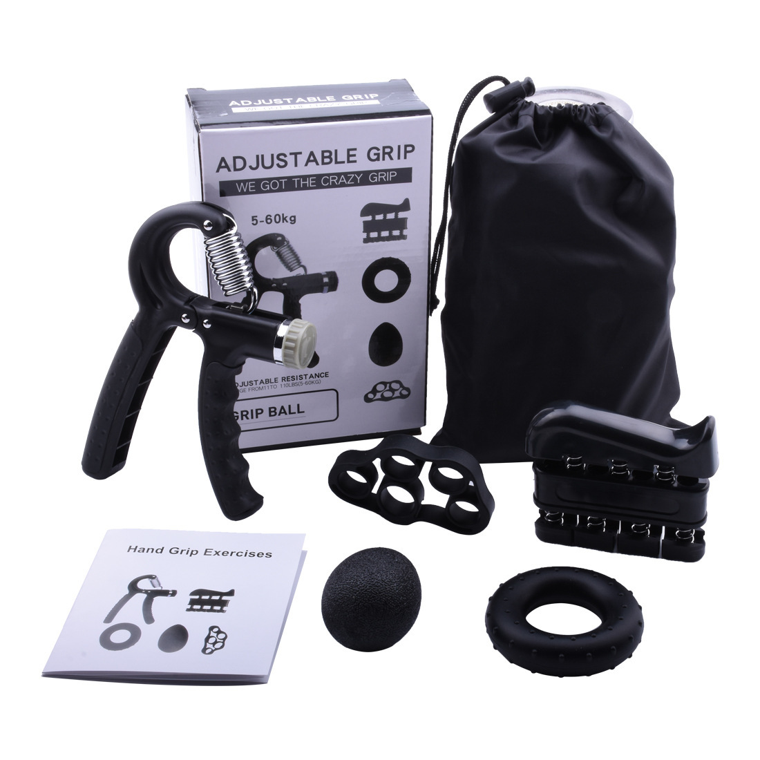Black 5-Piece Hand Grip Strength Training Set – Adjustable Grip Exerciser