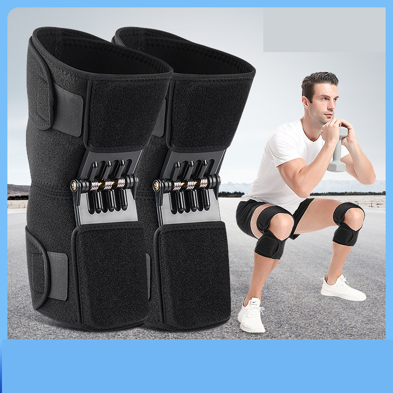 1 Pair Black Adjustable Knee Brace Support with Spring Booster – Patella Stabilizer for Squats