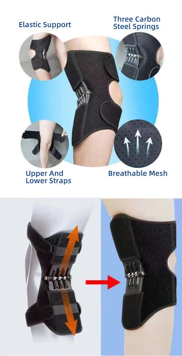 1 Pair Black Adjustable Knee Brace Support with Spring Booster – Patella Stabilizer for Squats