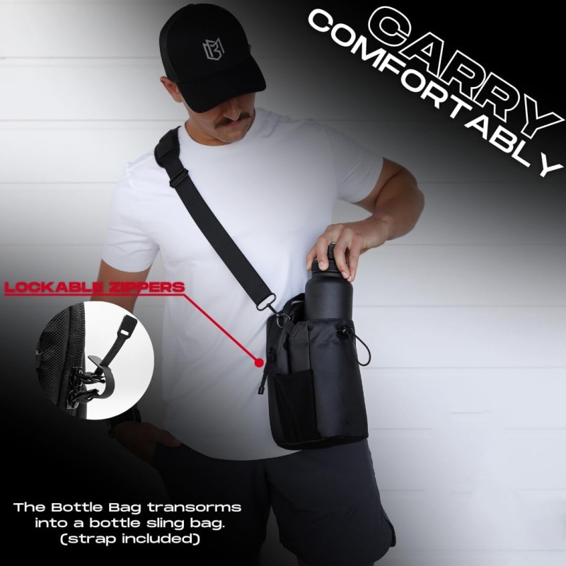 Black Magnetic Gym Water Bottle Holder Bag - Crossbody Sling Pouch for Essentials