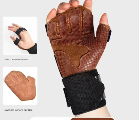 Size M Dark Brown Premium Cowhide Leather Weightlifting Gloves with Wrist Support - Non-Slip Grip