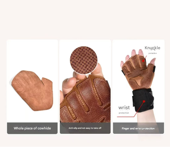 Size L Dark Brown Premium Cowhide Leather Weightlifting Gloves with Wrist Support - Non-Slip Grip