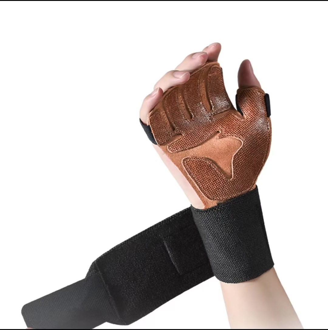 Size XL Dark Brown Premium Cowhide Leather Weightlifting Gloves with Wrist Support - Non-Slip Grip
