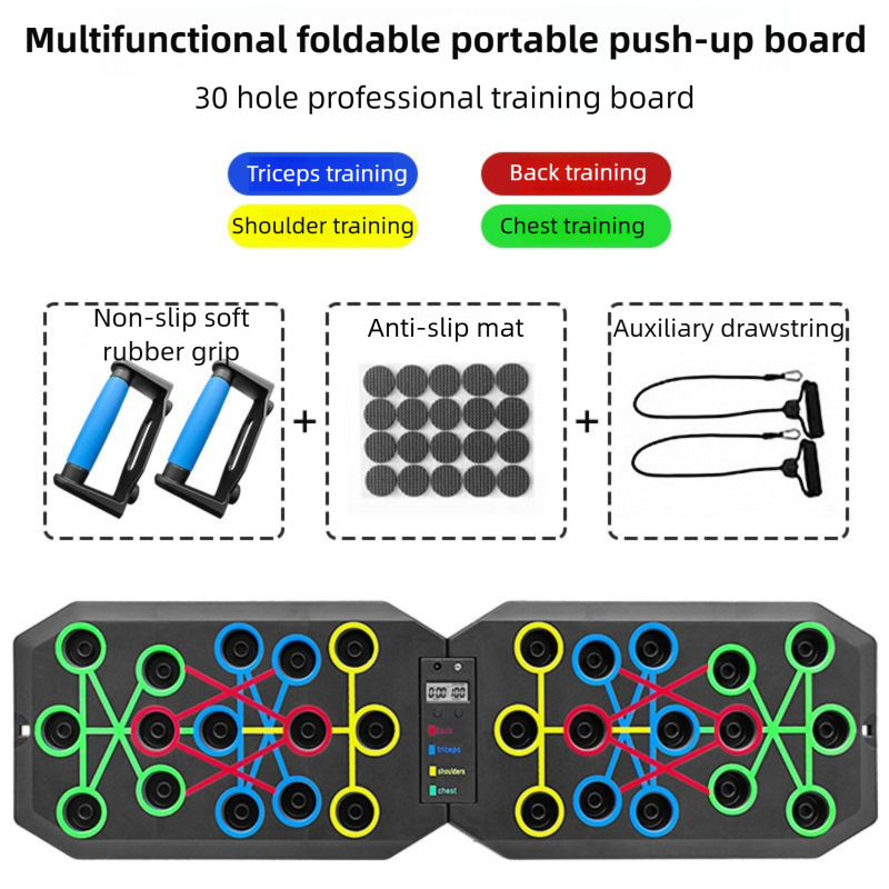 30-Hole Black Foldable Smart Push Up Board with Digital Counter/Timer