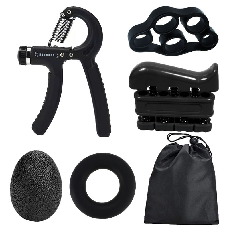 Black 5 in 1 Hand Grip Strengthener Kit Adjustable Resistance Finger Stretcher Stress Relief Ball and Grip Ring for Rehabilitation and Muscle Building