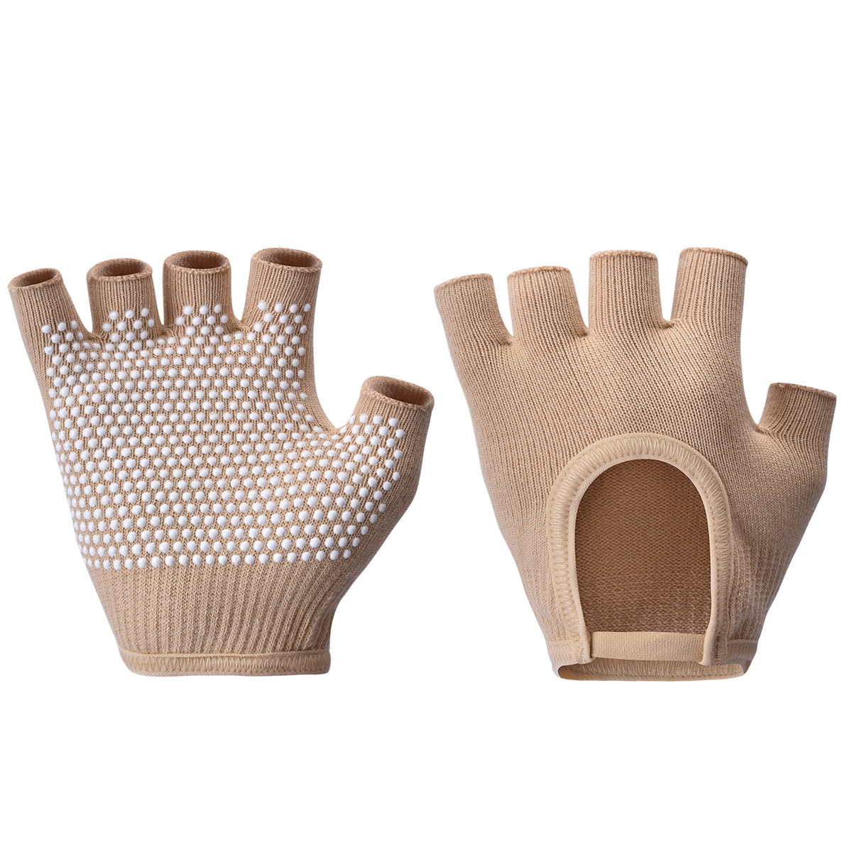 Beige 2-Pack Women%27s Non-Slip Yoga Gloves - Open Back Half Finger Cotton Stretchy Grip Gloves for Aerial Yoga