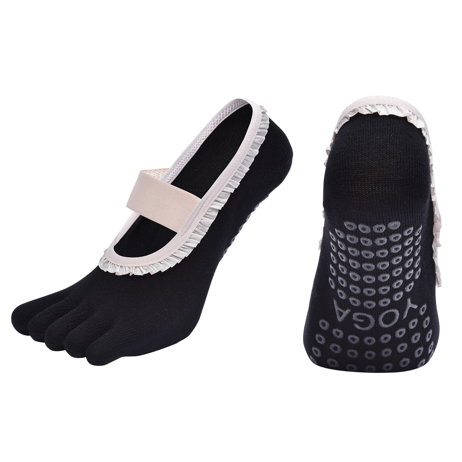 Black 2pcs Women%27s 5-Finger Ballet Style Yoga Socks - Non-Slip Grip Pilates & Dance Socks with Elegant Lace Trim and Elastic Cross Strap