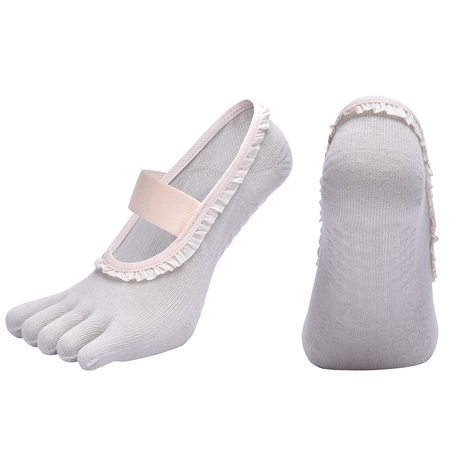 Grey 2pcs Women%27s 5-Finger Ballet Style Yoga Socks - Non-Slip Grip Pilates & Dance Socks with Elegant Lace Trim and Elastic Cross Strap