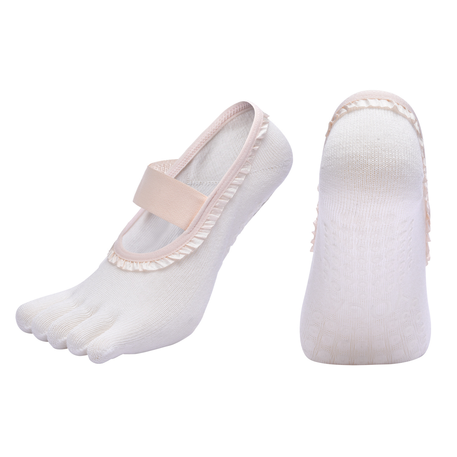 White 2pcs Women%27s 5-Finger Ballet Style Yoga Socks - Non-Slip Grip Pilates & Dance Socks with Elegant Lace Trim and Elastic Cross Strap