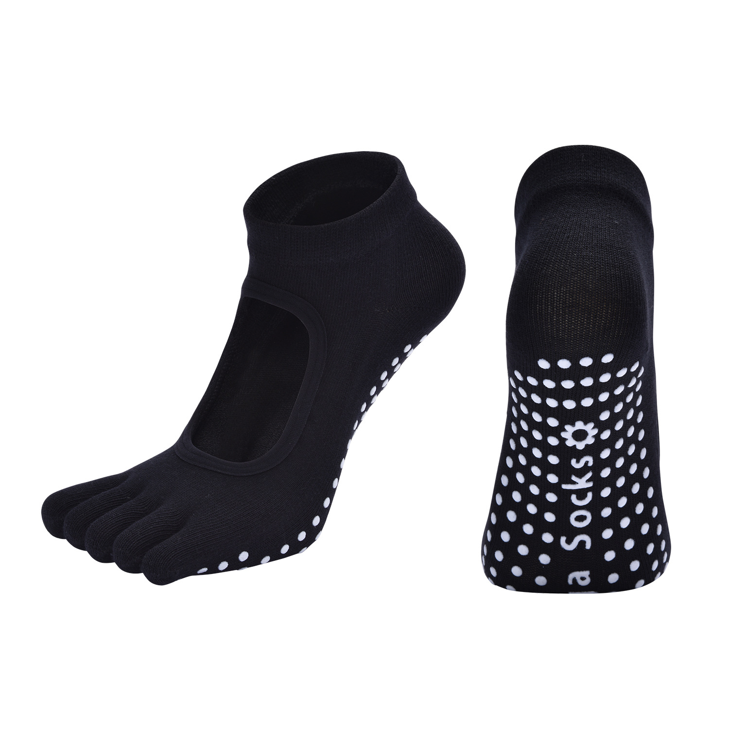 Black 3-Pack Women%27s Non-Slip Five-Finger Yoga Socks - Open Back Combed Cotton Pilates & Fitness Grip Socks for Professional Exercise