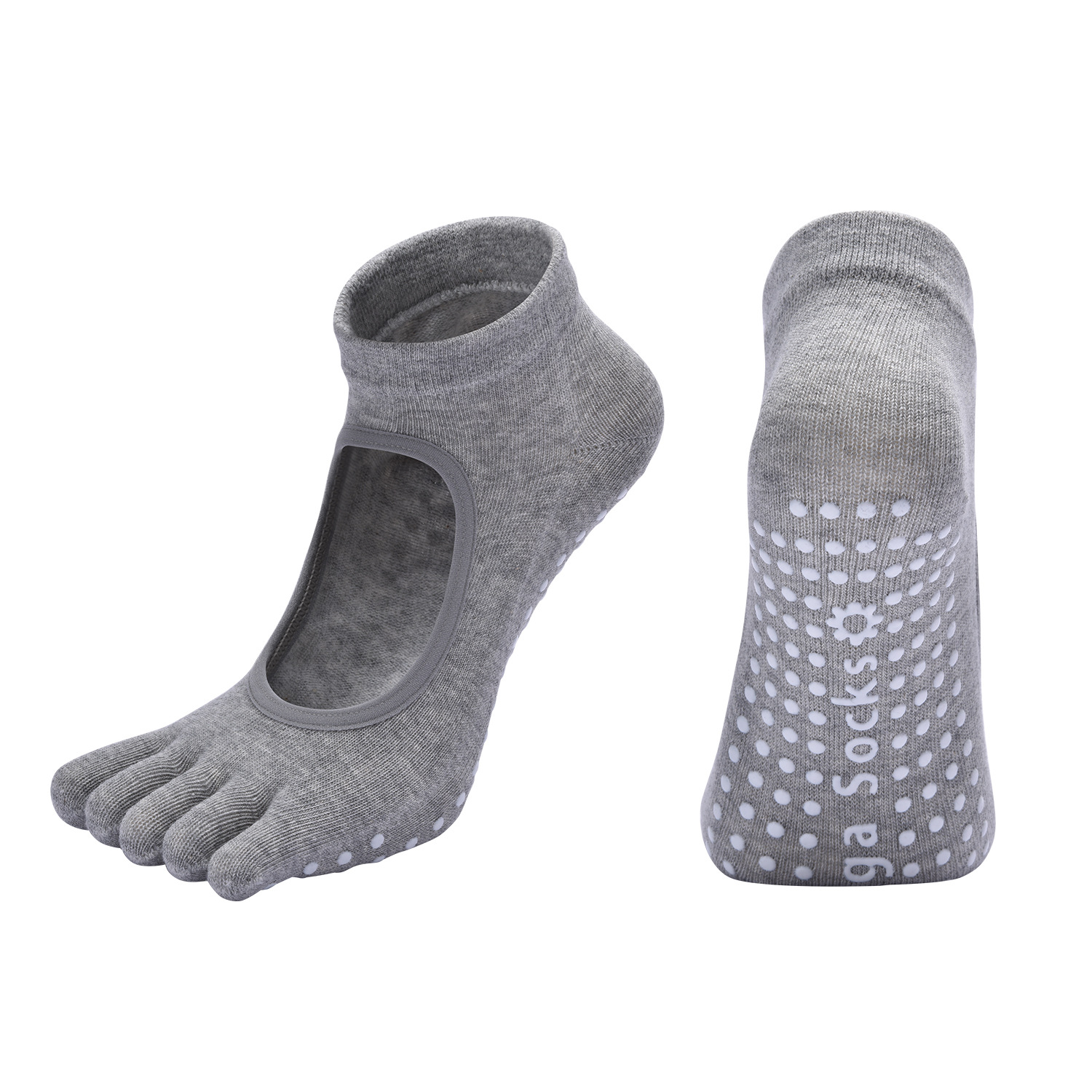 Light Grey 3-Pack Women%27s Non-Slip Five-Finger Yoga Socks - Open Back Combed Cotton Pilates & Fitness Grip Socks for Professional Exercise