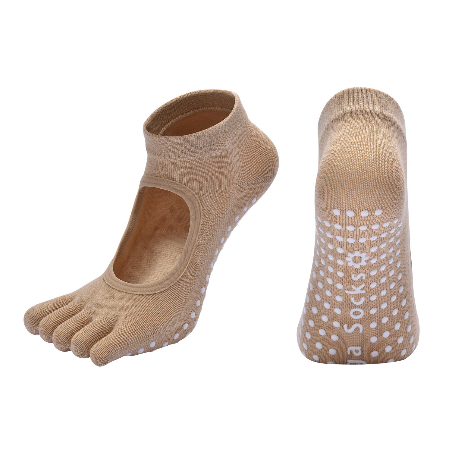 Beige 3-Pack Women%27s Non-Slip Five-Finger Yoga Socks - Open Back Combed Cotton Pilates & Fitness Grip Socks for Professional Exercise