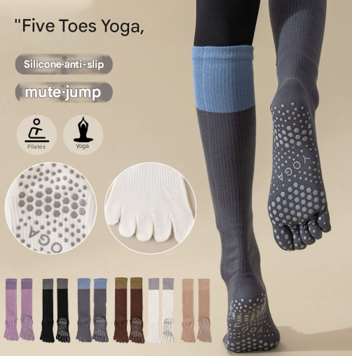 Grey 2PCS Women%27s Professional Five-Finger Compression Calf Socks - High-Performance Knee-High Non-Slip Grip Socks for Yoga