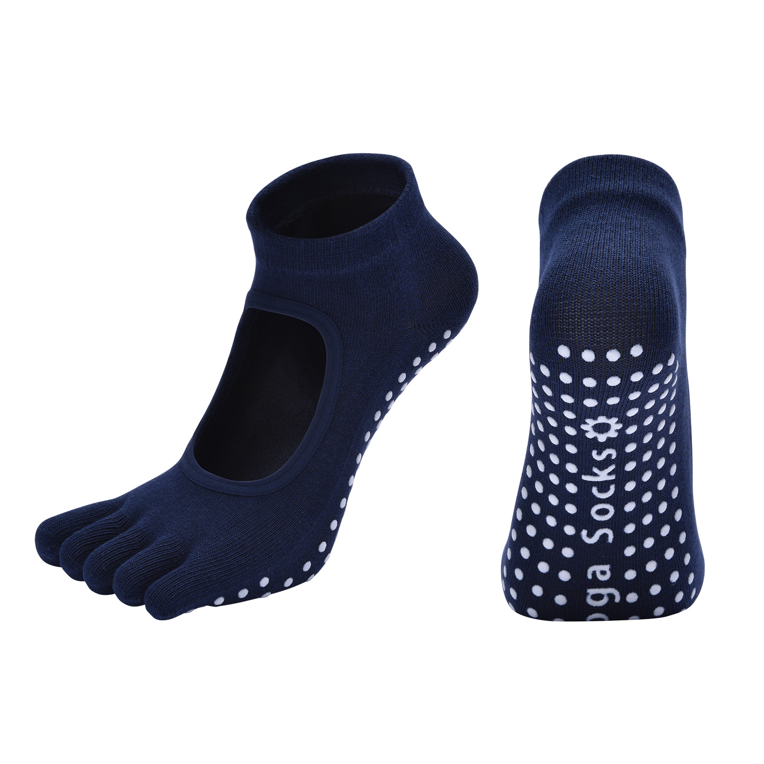 Navy Blue 3-Pack Women%27s Non-Slip Five-Finger Yoga Socks - Open Back Combed Cotton Pilates & Fitness Grip Socks for Professional Exercise