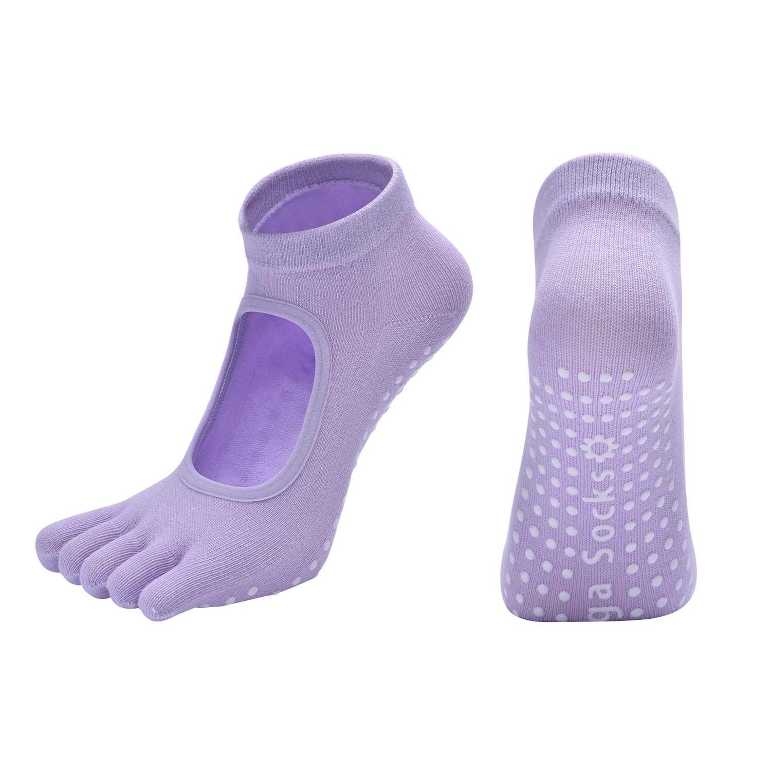 Light Purple 3-Pack Women%27s Non-Slip Five-Finger Yoga Socks - Open Back Combed Cotton Pilates & Fitness Grip Socks for Professional Exercise