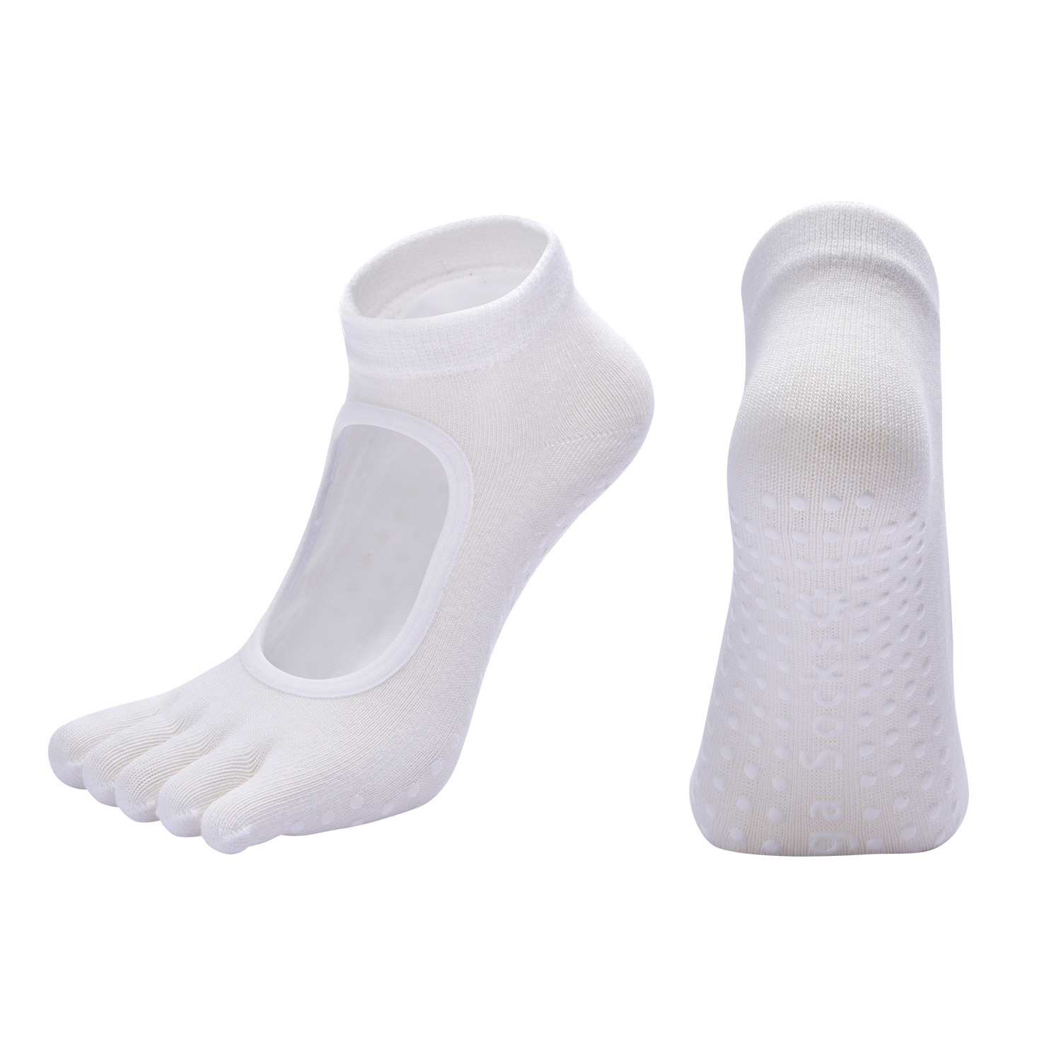White 3-Pack Women%27s Non-Slip Five-Finger Yoga Socks - Open Back Combed Cotton Pilates & Fitness Grip Socks for Professional Exercise