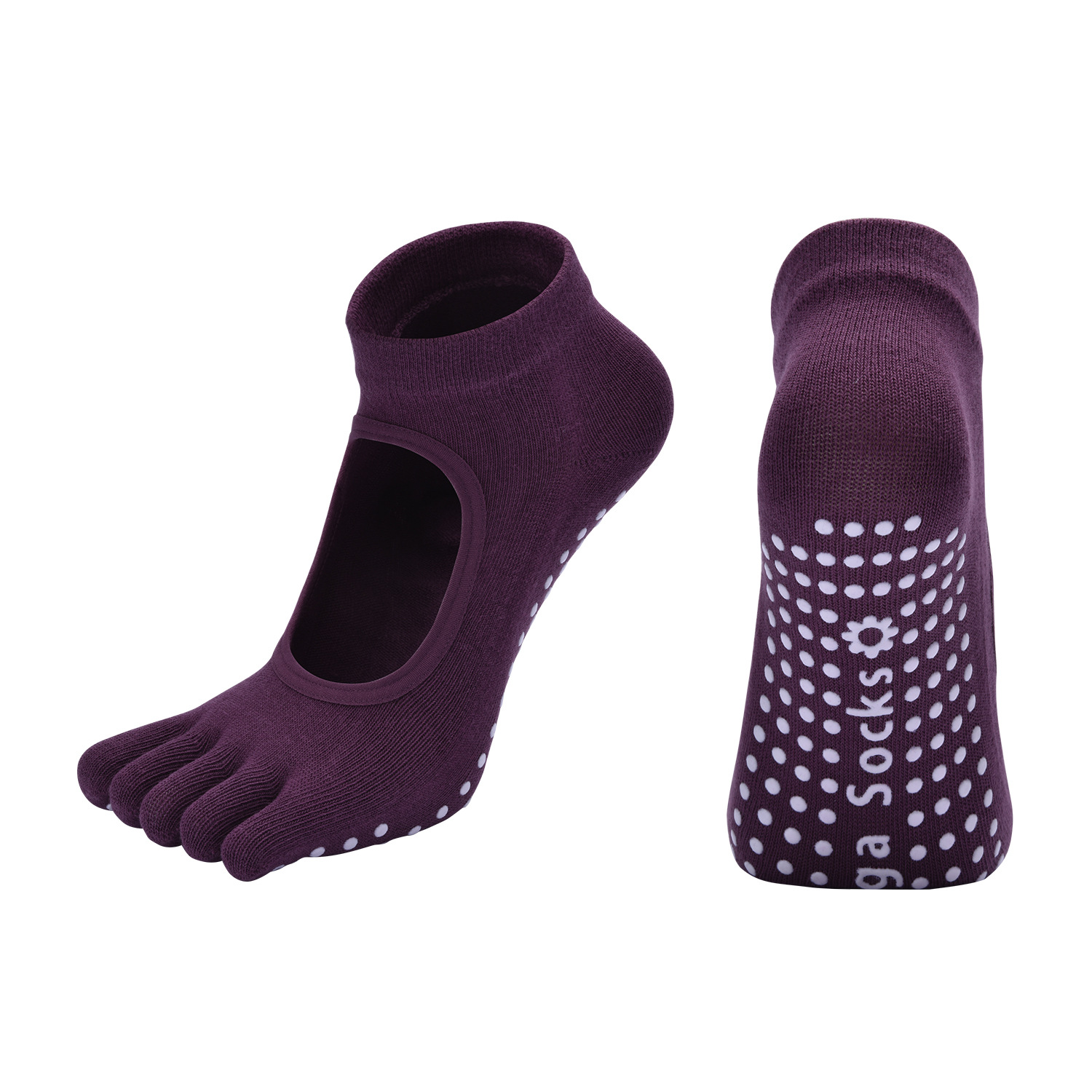 Purple 3-Pack Women%27s Non-Slip Five-Finger Yoga Socks - Open Back Combed Cotton Pilates & Fitness Grip Socks for Professional Exercise