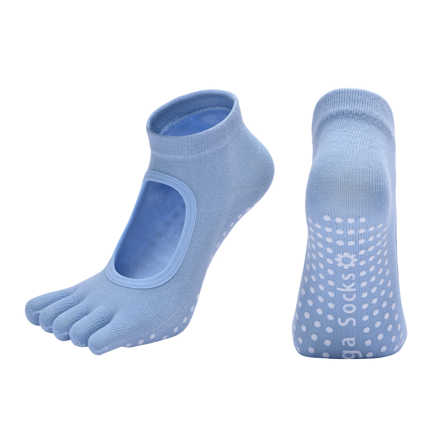Blue 3-Pack Women%27s Non-Slip Five-Finger Yoga Socks - Open Back Combed Cotton Pilates & Fitness Grip Socks for Professional Exercise
