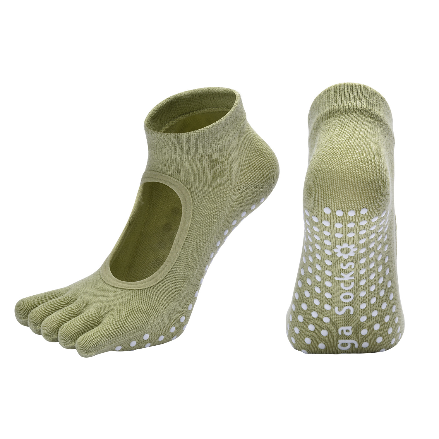 Green 3-Pack Women%27s Non-Slip Five-Finger Yoga Socks - Open Back Combed Cotton Pilates & Fitness Grip Socks for Professional Exercise