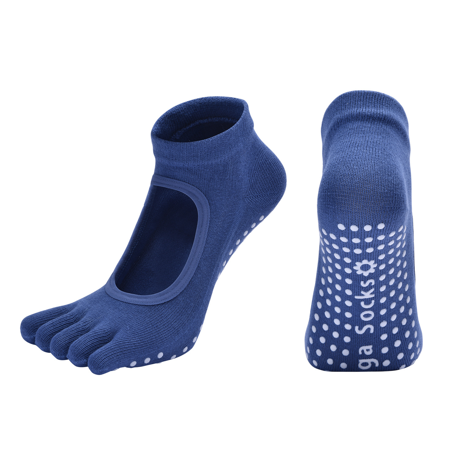 Dark Blue 3-Pack Women%27s Non-Slip Five-Finger Yoga Socks - Open Back Combed Cotton Pilates & Fitness Grip Socks for Professional Exercise