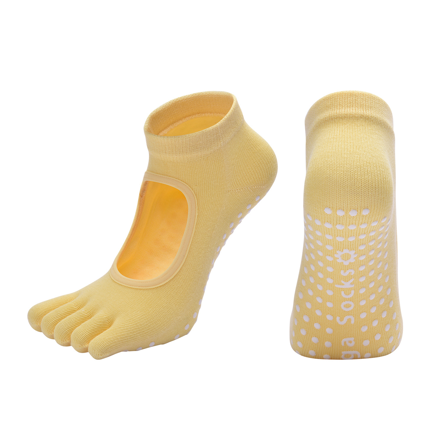 Yellow 3-Pack Women%27s Non-Slip Five-Finger Yoga Socks - Open Back Combed Cotton Pilates & Fitness Grip Socks for Professional Exercise